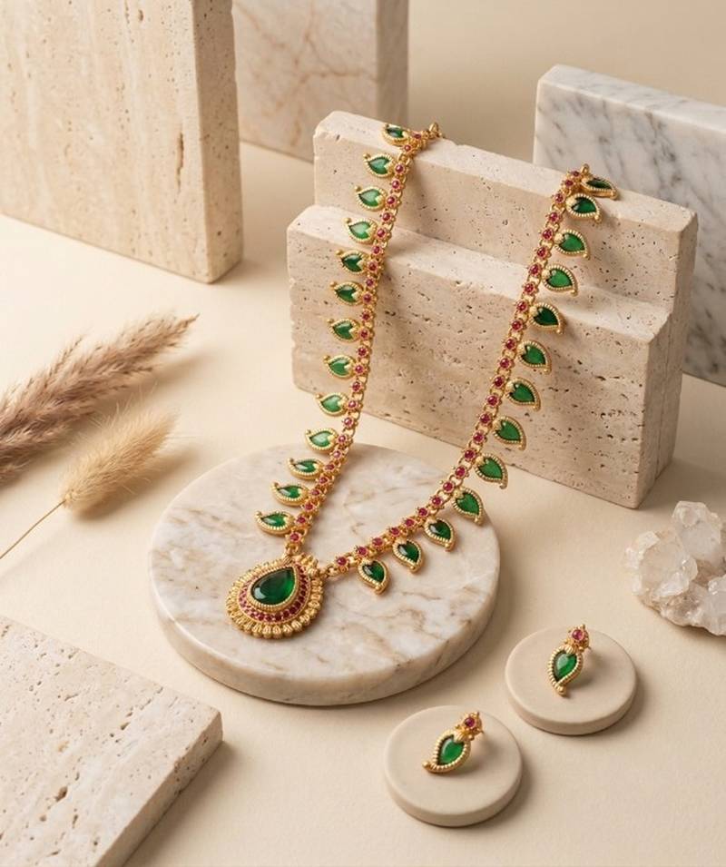 green meenakari long haram necklace set