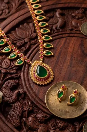 green meenakari long haram necklace set