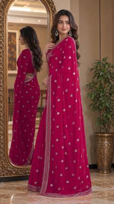 Pink soft georgette embroidery work festive saree with unstitched blouse piece 4