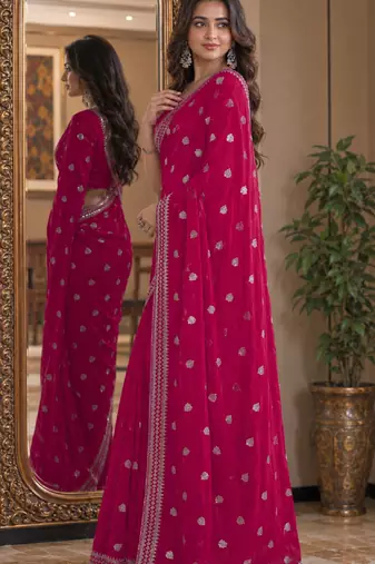 Pink soft georgette embroidery work festive saree with unstitched blouse piece