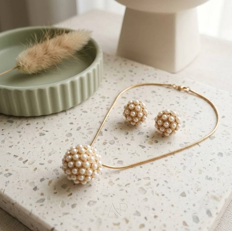 antique gold pearl pendant necklace set with earrings