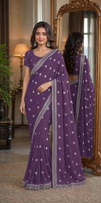 Lavender soft georgette embroidery work festive saree with unstitched blouse piece 1
