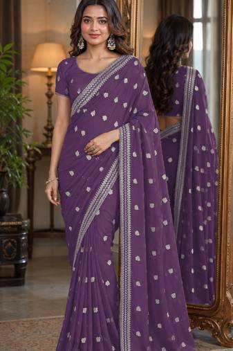 Lavender soft georgette embroidery work festive saree with unstitched blouse piece