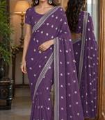 Lavender soft georgette embroidery work festive saree with unstitched blouse piece