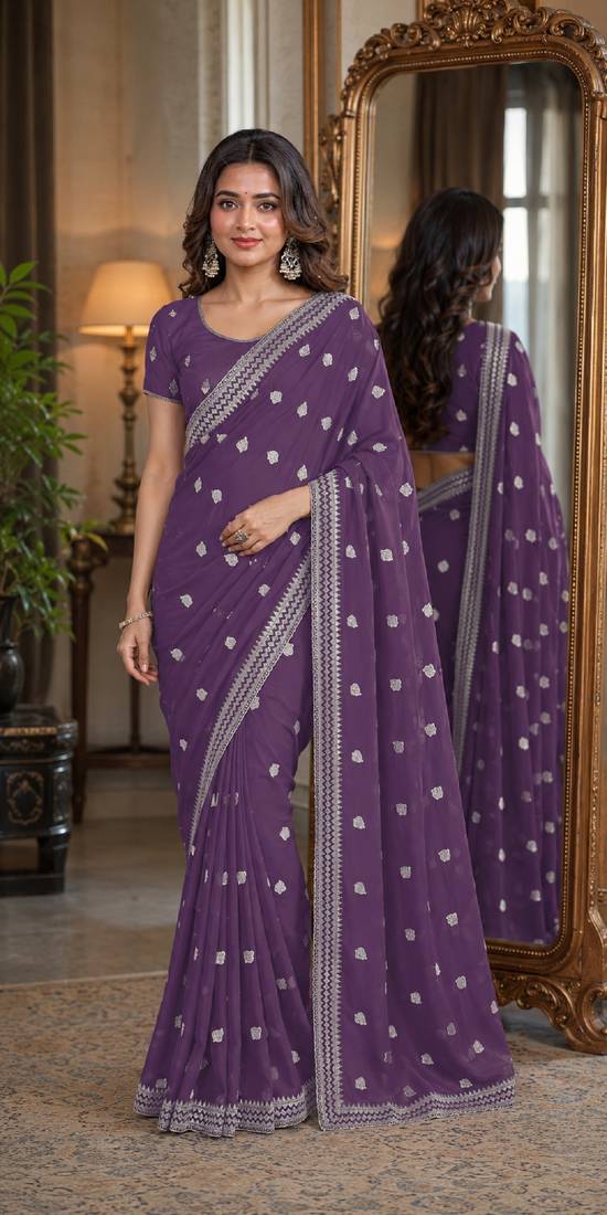 Lavender soft georgette embroidery work festive saree with unstitched blouse piece