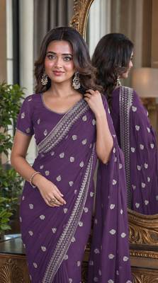 Lavender soft georgette embroidery work festive saree with unstitched blouse piece 2