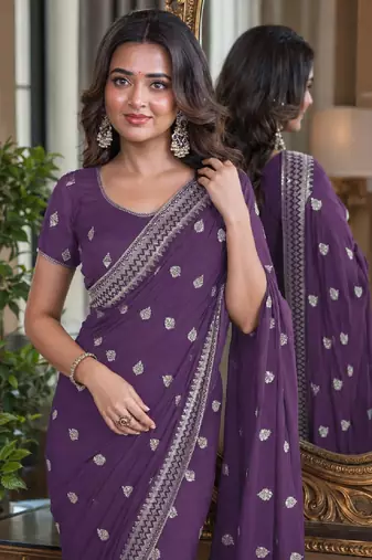 Lavender soft georgette embroidery work festive saree with unstitched blouse piece