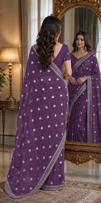 Lavender soft georgette embroidery work festive saree with unstitched blouse piece 3