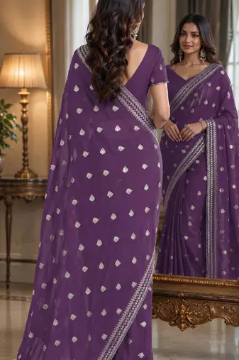 Lavender soft georgette embroidery work festive saree with unstitched blouse piece