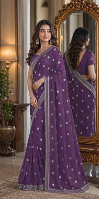 Lavender soft georgette embroidery work festive saree with unstitched blouse piece 4