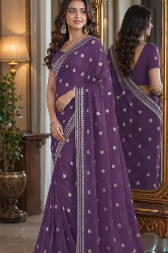 Lavender soft georgette embroidery work festive saree with unstitched blouse piece