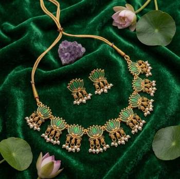 gold plated lotus kundan jewelry set 2