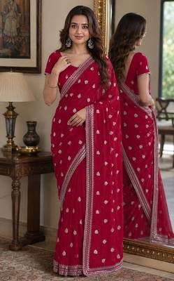 Rani pink soft georgette embroidery work festive saree with unstitched blouse piece 1