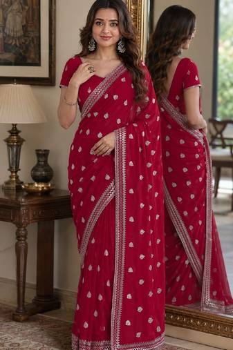 Rani pink soft georgette embroidery work festive saree with unstitched blouse piece