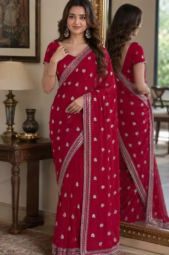 Rani pink soft georgette embroidery work festive saree with unstitched blouse piece