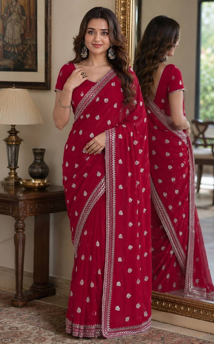 Rani pink soft georgette embroidery work festive saree with unstitched blouse piece