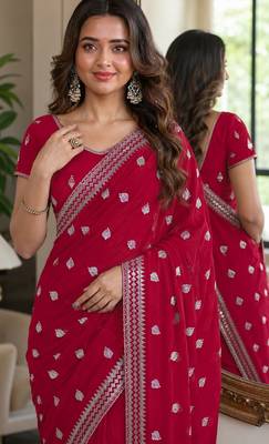 Rani pink soft georgette embroidery work festive saree with unstitched blouse piece 2