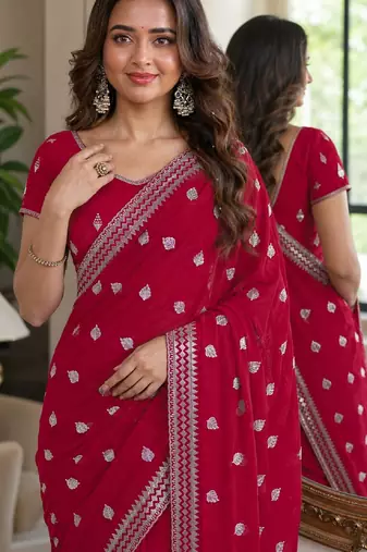 Rani pink soft georgette embroidery work festive saree with unstitched blouse piece