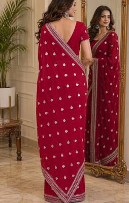 Rani pink soft georgette embroidery work festive saree with unstitched blouse piece 3