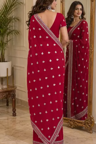 Rani pink soft georgette embroidery work festive saree with unstitched blouse piece