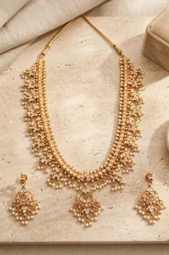 gold plated kundan pearl choker necklace set with earrings