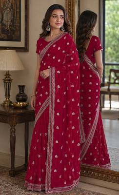 Rani pink soft georgette embroidery work festive saree with unstitched blouse piece 4