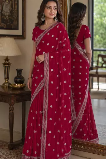 Rani pink soft georgette embroidery work festive saree with unstitched blouse piece