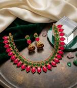 Gold plated ruby & green indian jewelry:necklace with jhumka 