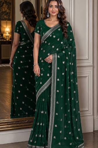 Green soft georgette embroidery work festive saree with unstitched blouse piece