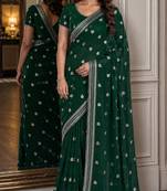 Green soft georgette embroidery work festive saree with unstitched blouse piece