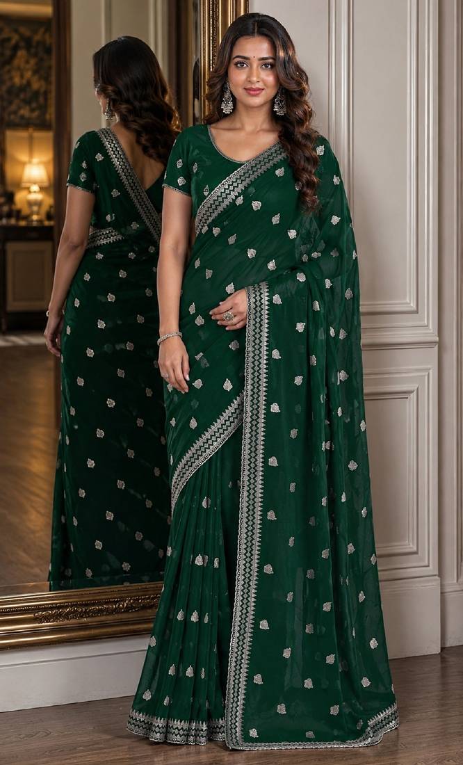Green soft georgette embroidery work festive saree with unstitched blouse piece