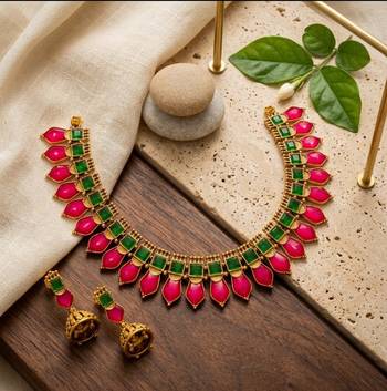 Gold plated ruby & green indian jewelry:necklace with jhumka  2