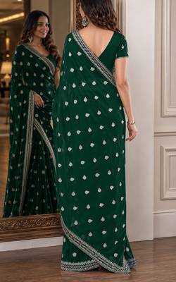 Green soft georgette embroidery work festive saree with unstitched blouse piece 3