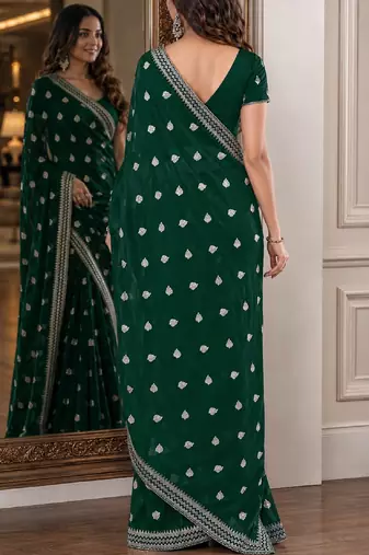 Green soft georgette embroidery work festive saree with unstitched blouse piece
