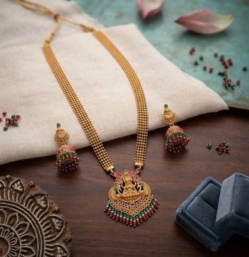 gold temple lakshmi necklace set with green & red beads and jhumkas 1