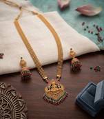 gold temple lakshmi necklace set with green & red beads and jhumkas