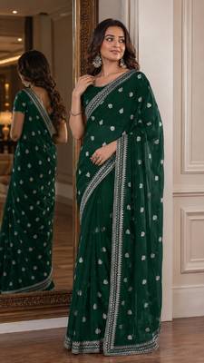 Green soft georgette embroidery work festive saree with unstitched blouse piece 4