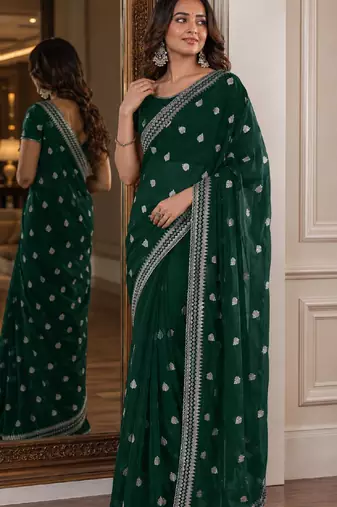 Green soft georgette embroidery work festive saree with unstitched blouse piece