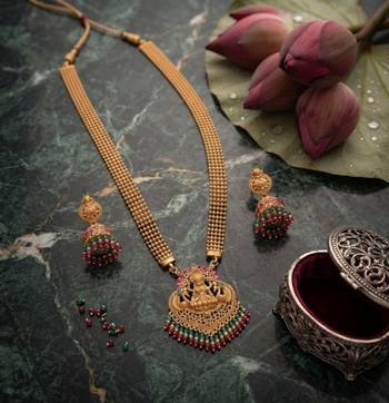 gold temple lakshmi necklace set with green & red beads and jhumkas 2