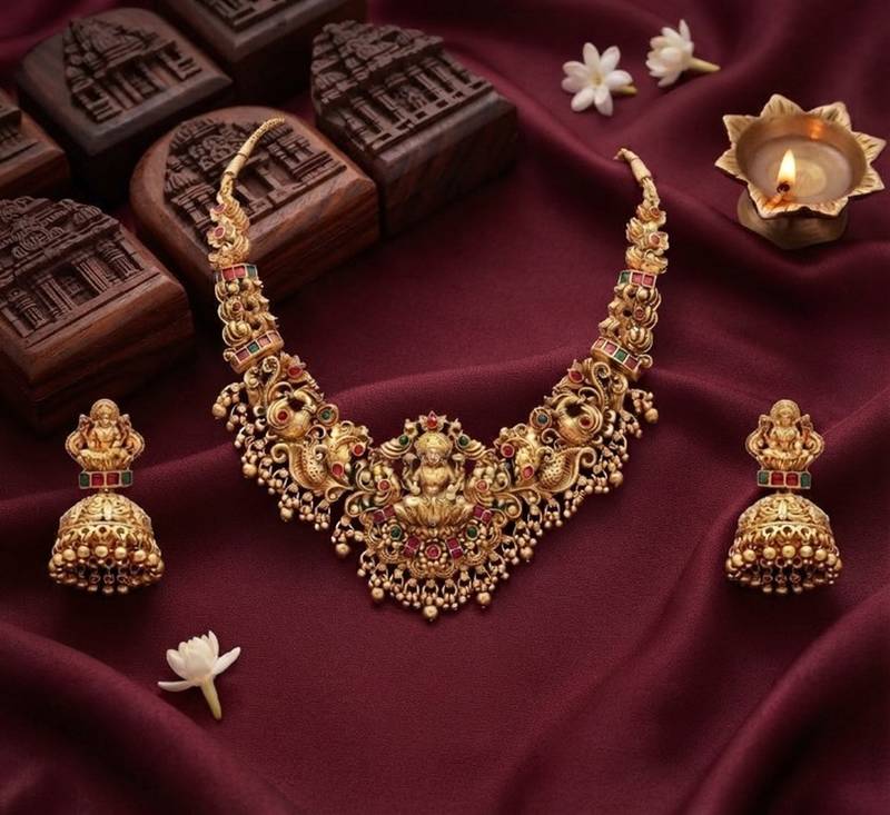gold temple lakshmi necklace set with jhumkas