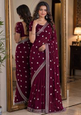 Wine soft georgette embroidery work festive saree with unstitched blouse piece 1