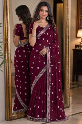 Wine soft georgette embroidery work festive saree with unstitched blouse piece