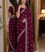 Wine soft georgette embroidery work festive saree with unstitched blouse piece