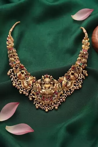 gold temple lakshmi necklace set with jhumkas