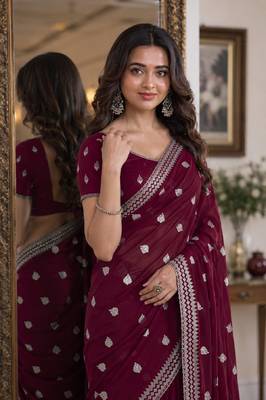 Wine soft georgette embroidery work festive saree with unstitched blouse piece 2