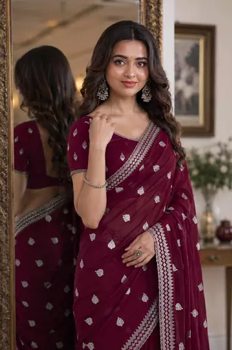 Wine soft georgette embroidery work festive saree with unstitched blouse piece