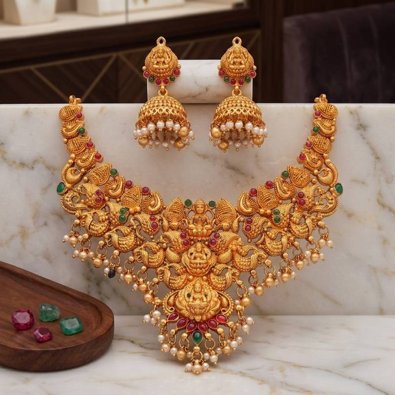 gold south indian temple choker necklace set with jhumka earrings