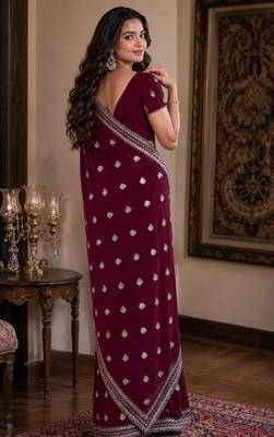 Wine soft georgette embroidery work festive saree with unstitched blouse piece 3