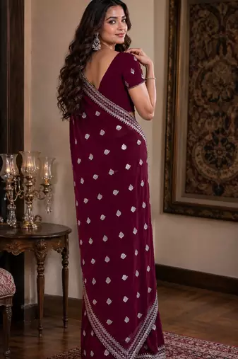 Wine soft georgette embroidery work festive saree with unstitched blouse piece