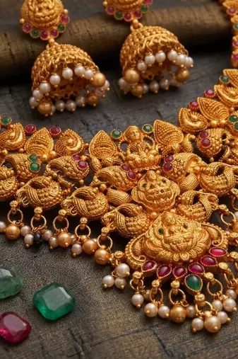 gold south indian temple choker necklace set with jhumka earrings